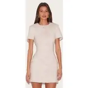 Almond Herringbone Tailored Short Sleeve Mini Dress, Almond