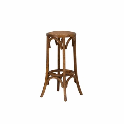 Linon Rae Round Backless Bar Stool Woven Seat in Walnut Brown Finished Wood