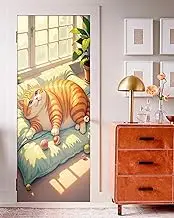 FLFK Door Mural Sticker, Orange Cat, Self-Adhesive Door Cover, 30.3 x 78.7 inches, Removable Peel and Stick, Split into 2 Pieces