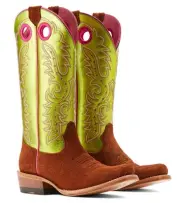 Ariat Women's Futurity Boon Western Boot, Cognac Brown Roughout & Lime Patent