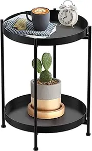 Mofish Round End Table: 2 Tier Metal Sofa Side Table with Storage Small Coffee Table Foldable Anti-Rust Waterproof with Removable Tray, Easy to Assemble for Living Room Bedroom Balcony Office (Black)