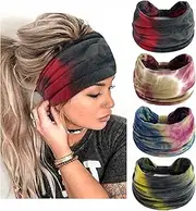 STGDAK Boho Headbands For Women Fashion Stretch Wide Hair Bands Tie Dye Knoted Turban Head Bands Yoga Running Sweatband Elastic Headband Stylish Wrap Headbands Hair Accessories for Teen Girls 4 Pack