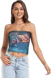 [RPLIFE] American Flag Fireworks Blue Women's Tube Top Sheer Tube Tops, Strapless Crop Top for Women, Tube Tops Summer (S)