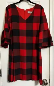 BELONGSCI Women's SIZE L BLACK RED V-Neck Bell Sleeve Shift Mini Dress NEW