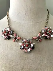Loft Coral And Navy Flower Crystal Rhinestone Bib Statement Necklace