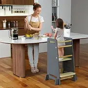 MangoHood Kitchen Step Stool for Toddlers - Kids Montessori Learning Standing Tower Ideal Toddler Kitchen Helper Kids Stool for Counter Children’s Standing Stepstool for Bathroom Sink (Grey/Natural)