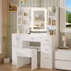 5 Drawers Makeup Vanity Dressing Table Desk Stool Set with Hollywood LED Mirror