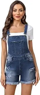 [LONGBIDA] Women's Ripped Short Overalls Stretch Denim Shortalls Classic Adjustable Straps Denim Bib Overalls Jean Shorts