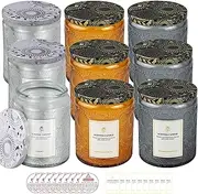 8.8OZ, 9 Pack Embossed Candle Jars for Making Candles, Empty Glass Containers with Tin Lids and Sticker Label, Warning Label for Candle Making Candle DIY Craft (Mix)