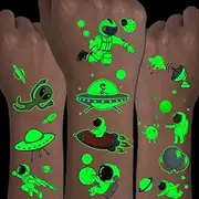 CHARLENT Luminous Outer Space Tattoos for Kids - 14 Sheets Glow in The Dark Astronaut Spaceship Planet Temporary Tattoos for Boys Girls Birthday Party Favors Goodie Bag Fillers