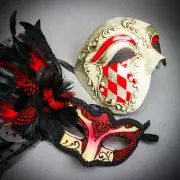 Venetian Silver Phantom Half Face & RED Glitter Peacock Feather Eye Couple Mask