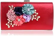 [Flower shave] Flower Pearl Bridal Handbag, European and American Ladies 'Buckle Safety Ladies' Clutch, Dress Banquet Event Clutch, Decorative Items (22 * 4.5 * 11.5Cm),Red