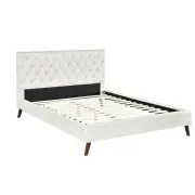 Design Square Modern Fabric Bed Frame Double Size Wooden Legs W/ Bed Head - Cream