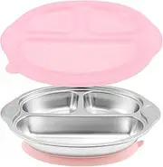 Stainless Steel Toddler Plate with 3 Compartment Design Non-Slip Baby Divided Plate with Sunction Bottom Divided Suction Plate with Lid for Home School (Pink)