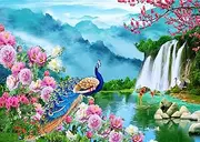 BELECO 7x5ft Fabric Picturesque Foggy Mountains Waterfall Backdrop Nature Wonderland Blooming Flowers Peacock Fish Pond Crane Background Wallpaper Home Decor Portrait Photoshoot Studio Props