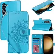 [Cavor] Wallet Case for Samsung Galaxy S23 Plus 6.6'' PU Leather Case Magnetic 3D Embossed Flower Women Flip Kickstand with Card Holder Wristlet Hand Strap Protective Cover-Flower Sky Blue