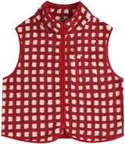 [Generic] Women's Checkered Polar Fleece Vest Sleeveless Cardigan, Fleece Top Crochet Pocket Plaid Sherpa Vest (M) with Collared
