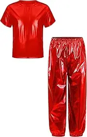 [Loodgao] Kids Girls Boys Hip Hop Dance Costumes Jazz Street Dance Outfits 2Pcs Shiny Metallic T-shirts And Sparkle Pants