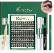 KEYYOU DIY Lash Extension Kit - 144pcs Clusters, Mascara Brush, Bond and Seal Glue, Remover, Applicators, Brush, Clean Pad for Extensions (Y02 Kit)