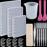 WILLBOND 26 Pcs Resin Notebook Mold Kits Cover Silicone Molds for A5 A6 A7 Silicone Resin Molds for Notebook Epoxy Resin DIY with Book Rings Spoon Tweezer Cup Dropper Wood Stick