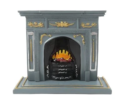 Dolls House Grey & Gold Fireplace with Flaming Fire 1:12 Scale Resin Furniture