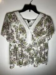 Torrid Size 2X Peplum Chiffon Clip Dot Lace Inset Top White Pink Floral V Neck