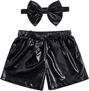 [ZYBOUTIC] Baby Girls Metallic Shorts Sparkle Shiny Toddler Shorts PU Faux Leather Shorts Elastic Waist with Cute Headbands