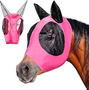 Fly Mask Horse Fly Hood Horse Halter with Fly Mask UV Protection Pony Fly Hat for Horses Shetty with Ears Breathable Mesh Horse Mask Fly Protection Horse Head Cold Blood (Pink)