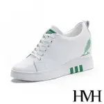 【HMH】舒適真皮美腿內增高時尚羽毛刺繡撞色個性厚底小白鞋(綠)
