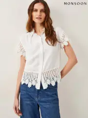 Monsoon White Lara Embroidered Short Sleeve Shirt (F83146) | $136