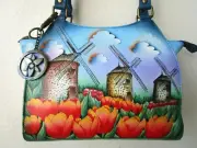 ANUSCHKA VINTAGE WINDMILLS HAND PAINTED LEATHER TOTE PURSE W ACCESORIES - NWT