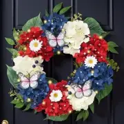 Patriotic Hydrangeas Wreaths for Front Door with Lights,Red White Blue Summer