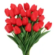 24Pcs Fake Tulips Artificial Flowers, PU Tulips with Stems, Red