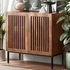 Storage Cabinet, Rustic Modern Coffee Bar with Adjustable Shelf and Metal Bas...