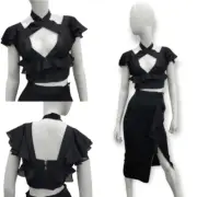 Nasty Gal Cropped Black Flutter Short Sleeve Cutout Top Size S