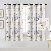 Smarcute Blackout Curtains for Bedroom 160cm Drop Curtains Thermal Insulated Printed Curtains for Living Room Grey and Yellow Vintage Classical Floral Blockout Eyelet Curtain, 2 Panels