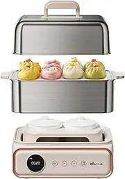 Bear Electric Food Steamer, 15.5L 3-Tier Digital Steamers for Cooking with Stew Pot, 24H Booking&6H Auto Warming, 6 Modes Vegetable Steamers Stainless Steel, Boil Dry Protection (with English Manual)