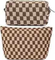 [H HOME-MART] 2 Pieces Checkered Makeup Bag Large Cosmetic Bag Capacity Canvas Mix Travel Toiletry Bag Organizer for Purse Portable Zipper Make Up Pouch Small Cosmetic Case