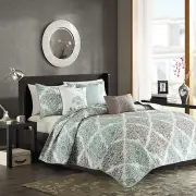 NEW!~ COZY MODERN ELEGANT CHIC TROPICAL LEAF CALM LIGHT BLUE AQUA GREY QUILT SET