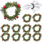Bacucine Christmas Napkin Rings Set of 12 Napkin Holder Rings with Red Berry Pine Needles Christmas Decorations for Banquet Family Gathering Dinning Table Decorations