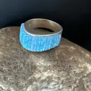 Blue Opal Navajo Sterling Silver Band Inlay Ring Size7 18799