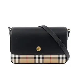 【BURBERRY 巴寶莉】Penny 格紋帆布拼小牛皮翻蓋斜背包_展示品(經典米色/黑色)/ 平行輸入