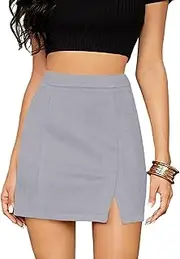 [Umenlele] Women's Basic Split Hem High Waist Suede Mini Pencil Bodycon Skirt