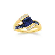 9ct Gold, Created Blue Sapphire & Diamond Ring in Blue