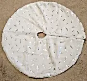 Small Feather Christmas Tree Skirt- Furry White 30" Round with Silver Feathers