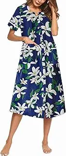 [Ekouaer] Women's Sleepwear Snap-Front Duster/House Dress with Pockets/Short Sleeve Nightgown/Housecoat/Summer Robe S-XXL