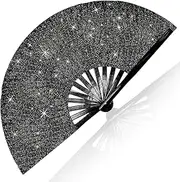 [BADAO] Glitter Large Folding Fan,Glow Rave Bamboo Hand Fan for Men/Women Chinese/Spanish Foldable Fan Clap Fans for Decoration Home Dancing Music Disco Festival Club Concert Tai Chi Kung Fu Party Supplies
