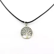 Pendant Necklace Tree of Life Metal Silver+Cord Leather