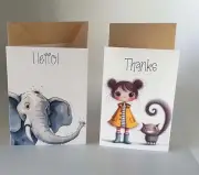 Cute Illustrated Greeting Card Set - Elephant & Girl with Cat