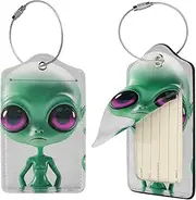 [STVYUKL] Green Alien Luggage Tags 4 Pcs for Suitcase Waterproof Leather Suitcase Tags Privacy Cover Name Id Label and Metal Loop Baggage Tags for Women Men Travel